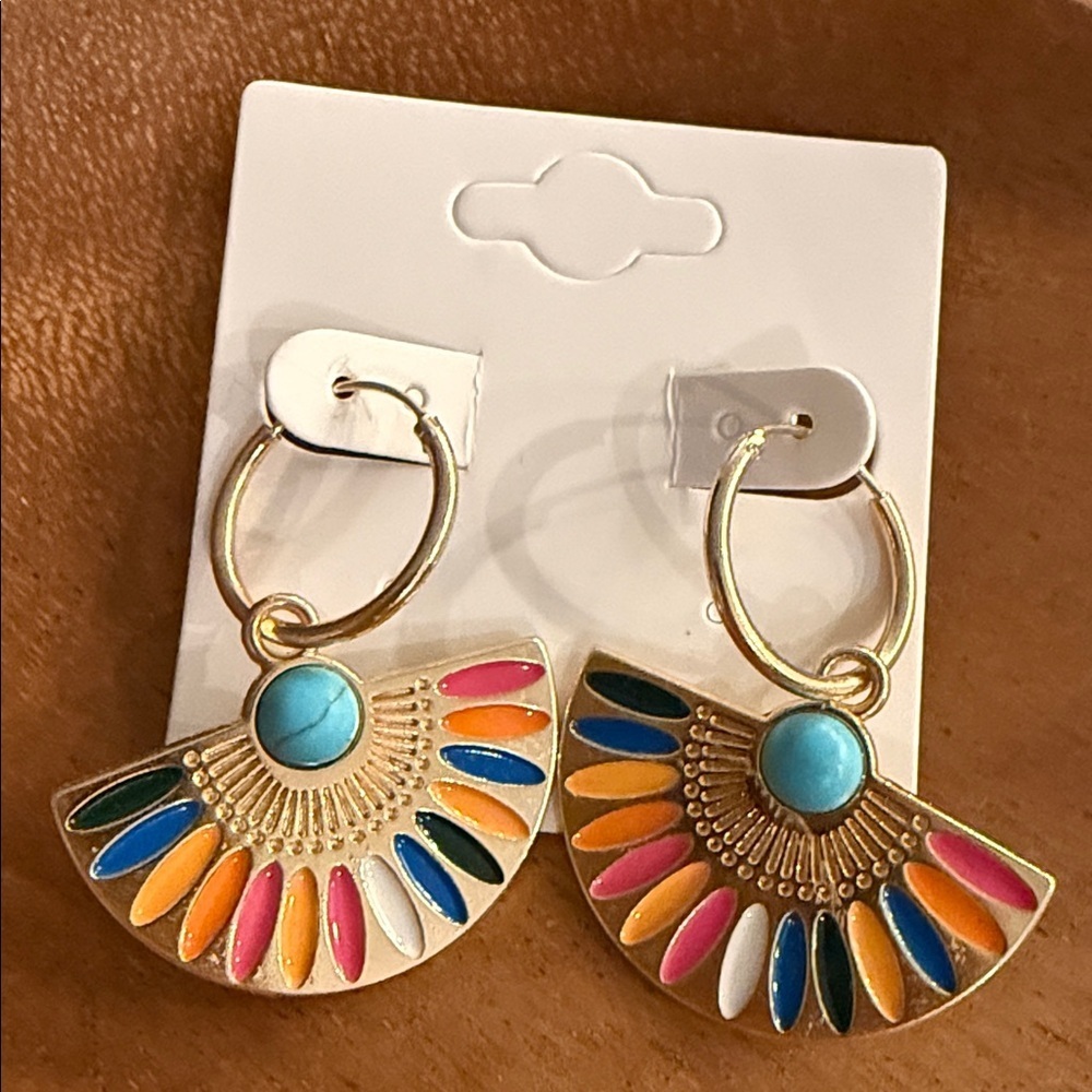 Gold Fan-Shaped Multicolor Enamel Hoop Earrings with Turquoise Accent